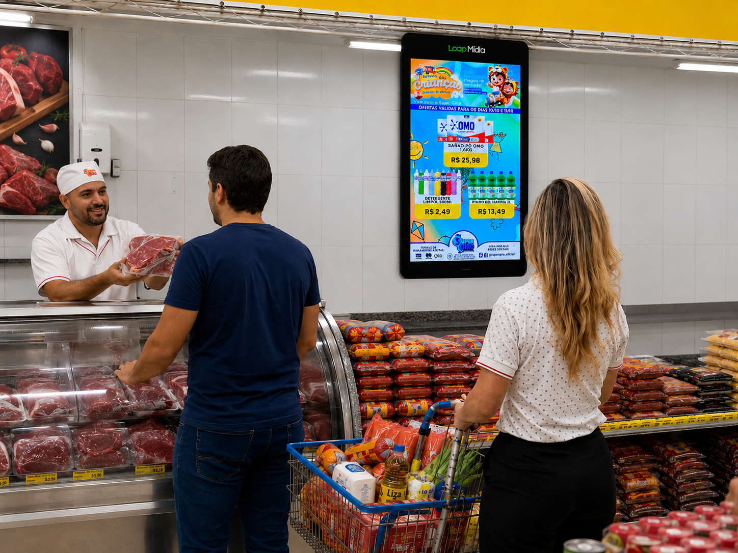 Recepção corporativa com TV exibindo comunicação institucional